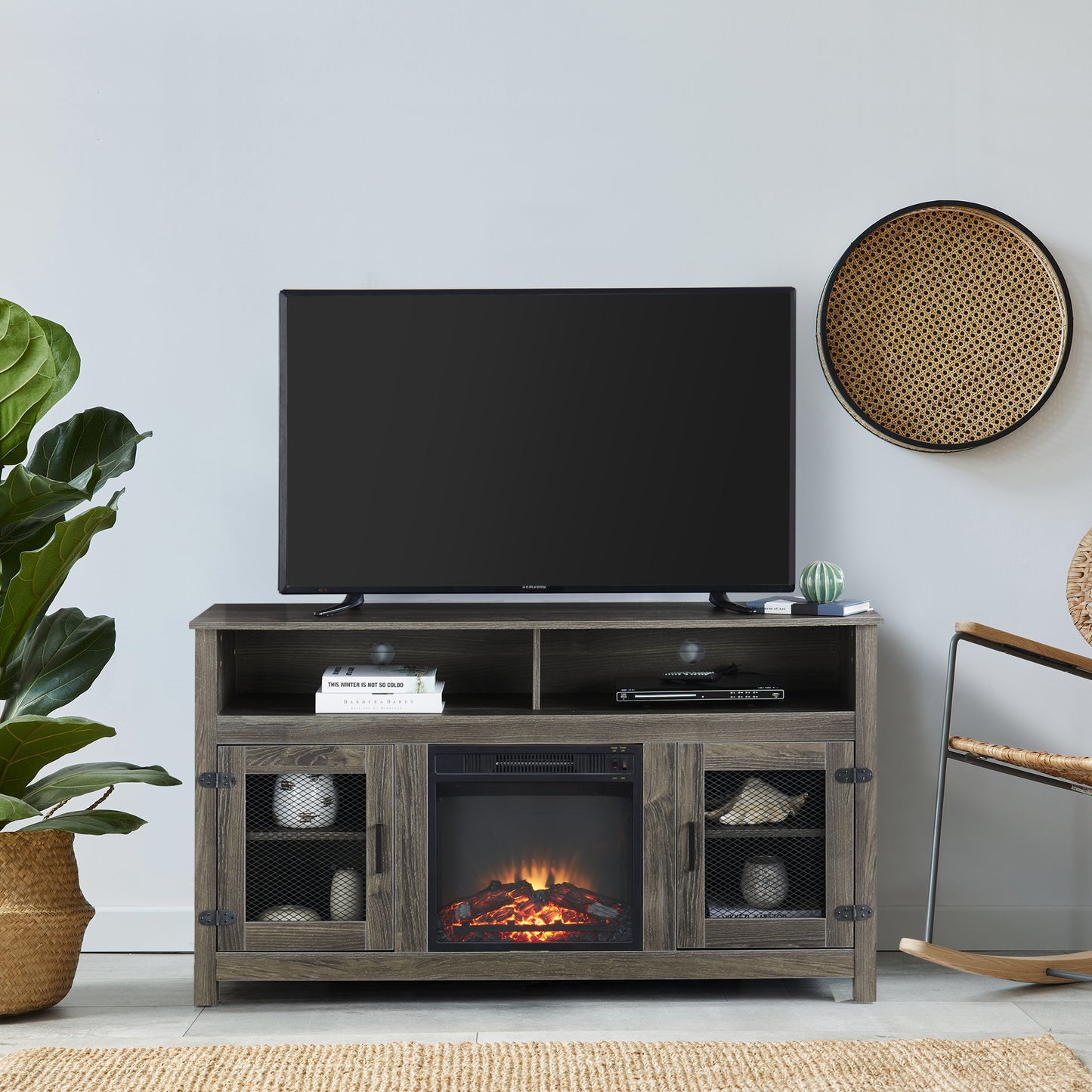 Modern Farmhouse TV Stand with Electric Fireplace, Fit up to 65" Flat Screen TV with Storage Cabinet and Adjustable Shelves Industrial Entertainment Center for Living Room, Grey