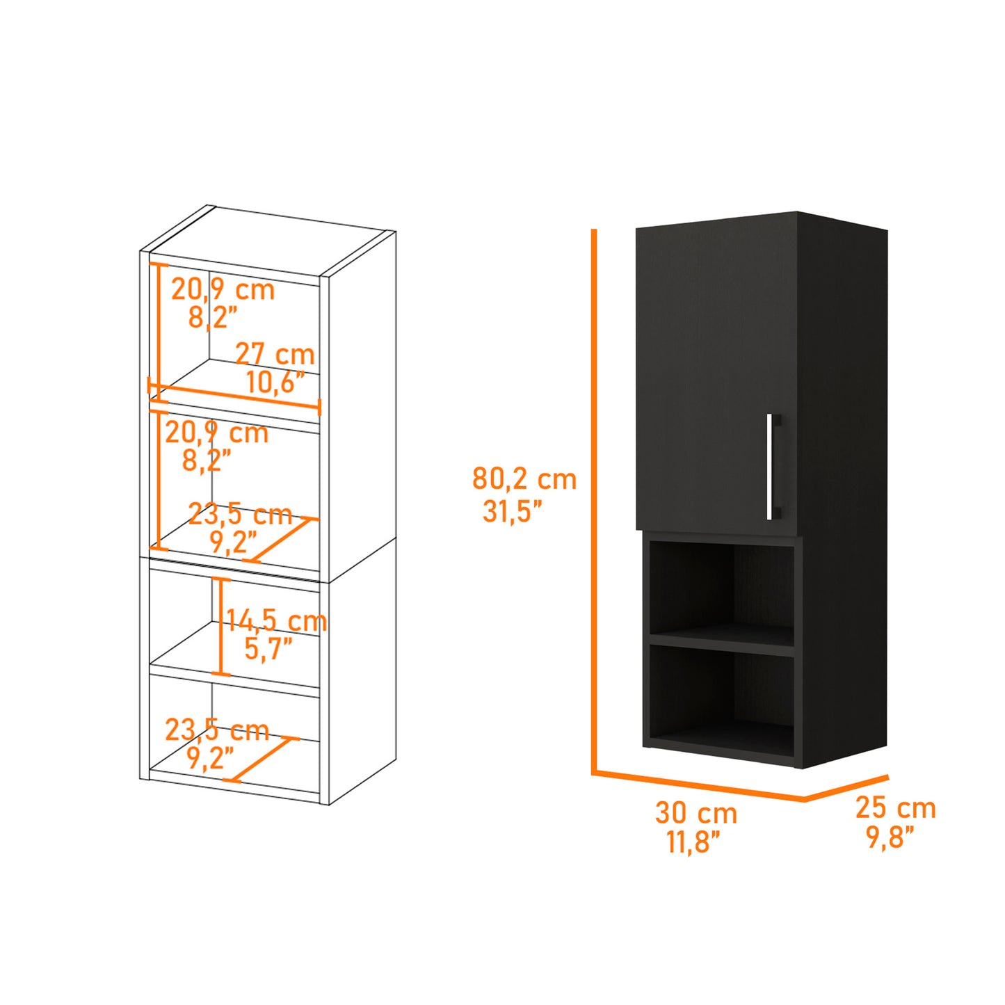 Madrid Medicine Cabinet, Two External Shelves, Metal Handle, Single Door, Two Interior Shelves -Black