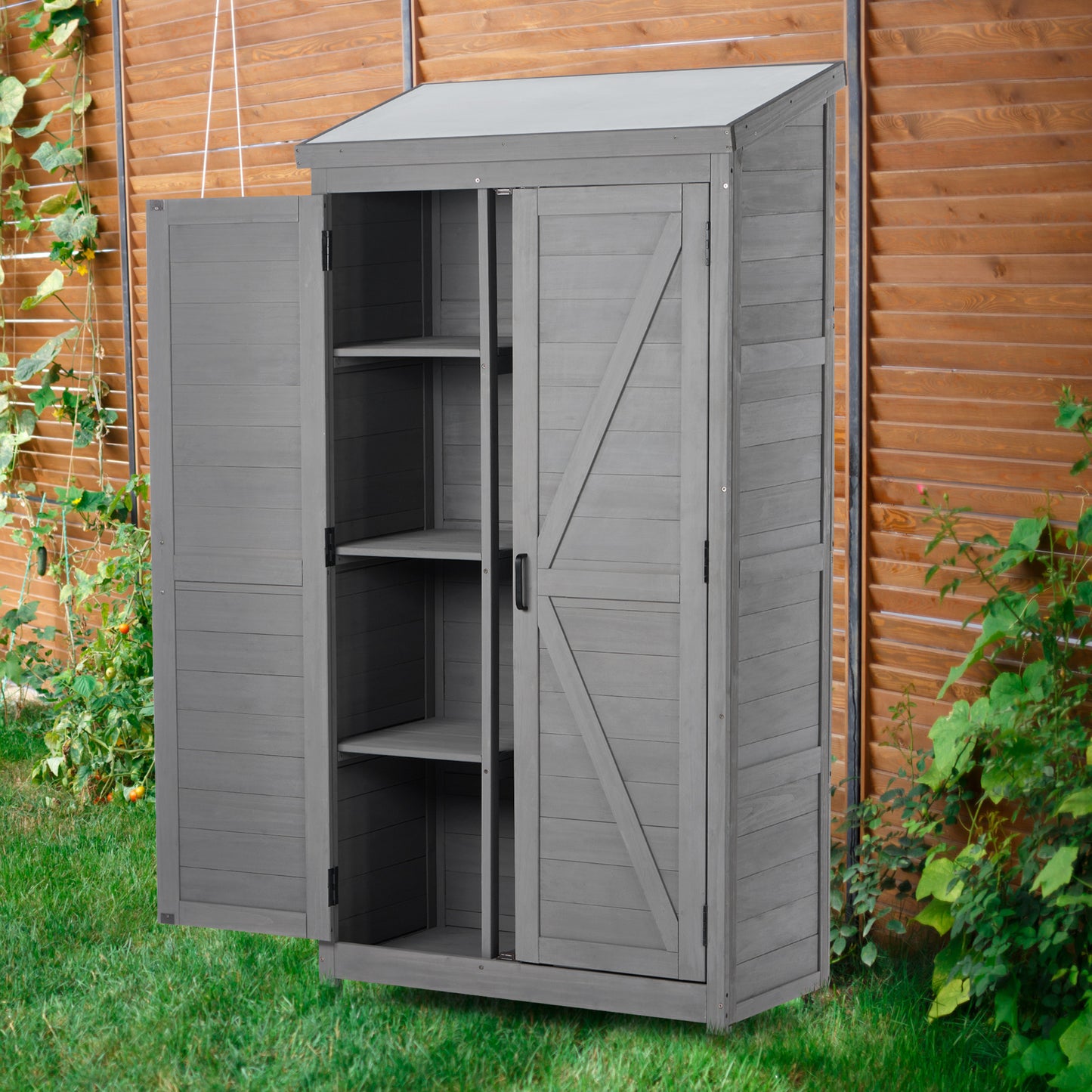 Outdoor Storage Cabinet and Metal Top,Garden Storage Shed,Outdoor 68 Inches Wood Tall Shed for Yard and Patio