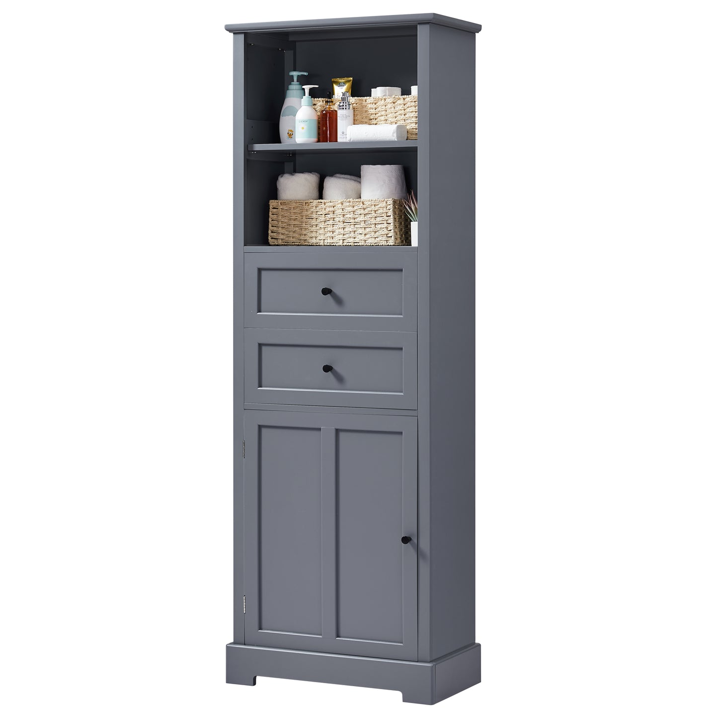 Bathroom Storage Cabinet, Tall Storage Cabinet with Two Drawers, Open Storage, Adjustable Shelf, Grey