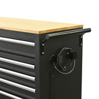 Premium 46-Inch Rolling Tool Chest with Wooden Top and 9 Drawers - 1500 lbs Load Capacity, Casters, Handle, Power Strip, Locking System - Perfect Mobile Storage Cabinet for Your Tools and Equipment.