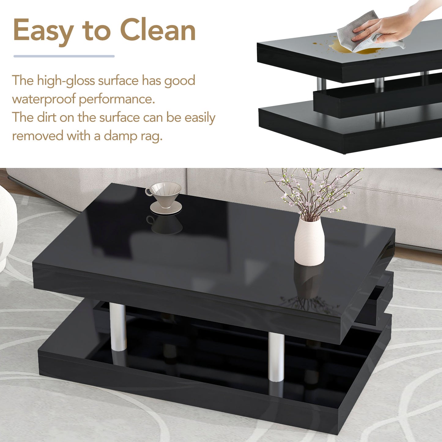 ON-TREND Modern 2-Tier Coffee Table with Silver Metal Legs, Rectangle Cocktail Table with High-gloss UV Surface, Minimalist Design Center Table for Living Room, Black