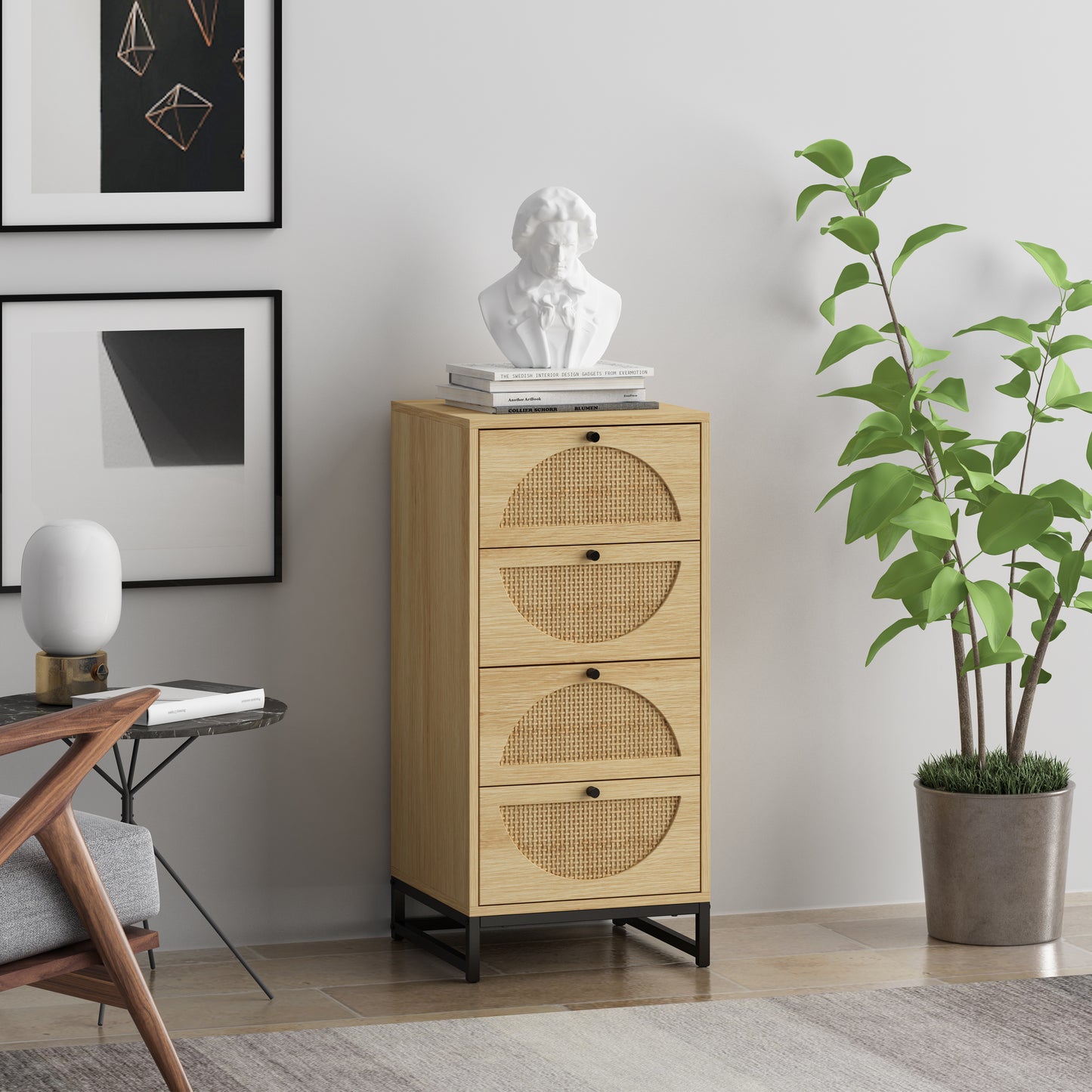 Natural rattan, Cabinet with 4 drawers, Suitable for living room, bedroom and study, Diversified storage