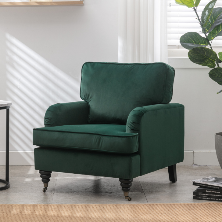 Velvet Accent Chair, Sofa Armchair with Casters, Mid-Century Modern Velvet Upholstered Comfort Oversized Armchair with Wooden Legs, Reading Chair，Living Room Chair, Dark  Green