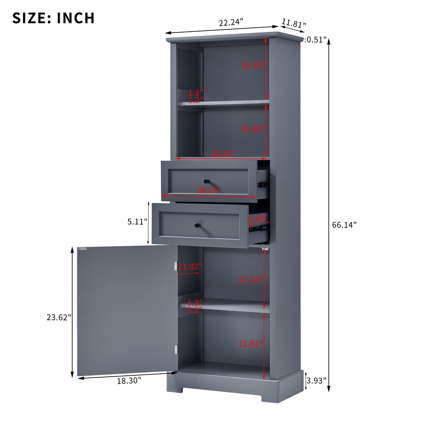 Bathroom Storage Cabinet, Tall Storage Cabinet with Two Drawers, Open Storage, Adjustable Shelf, Grey