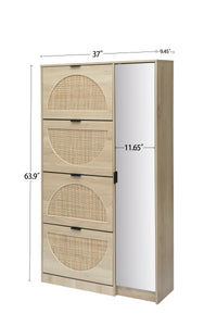 Natural Rattan Shoe Cabinet with 4-Tier Shoe Rack Storage Cabinet Wood 4 Door Free Standing Shoe Rack