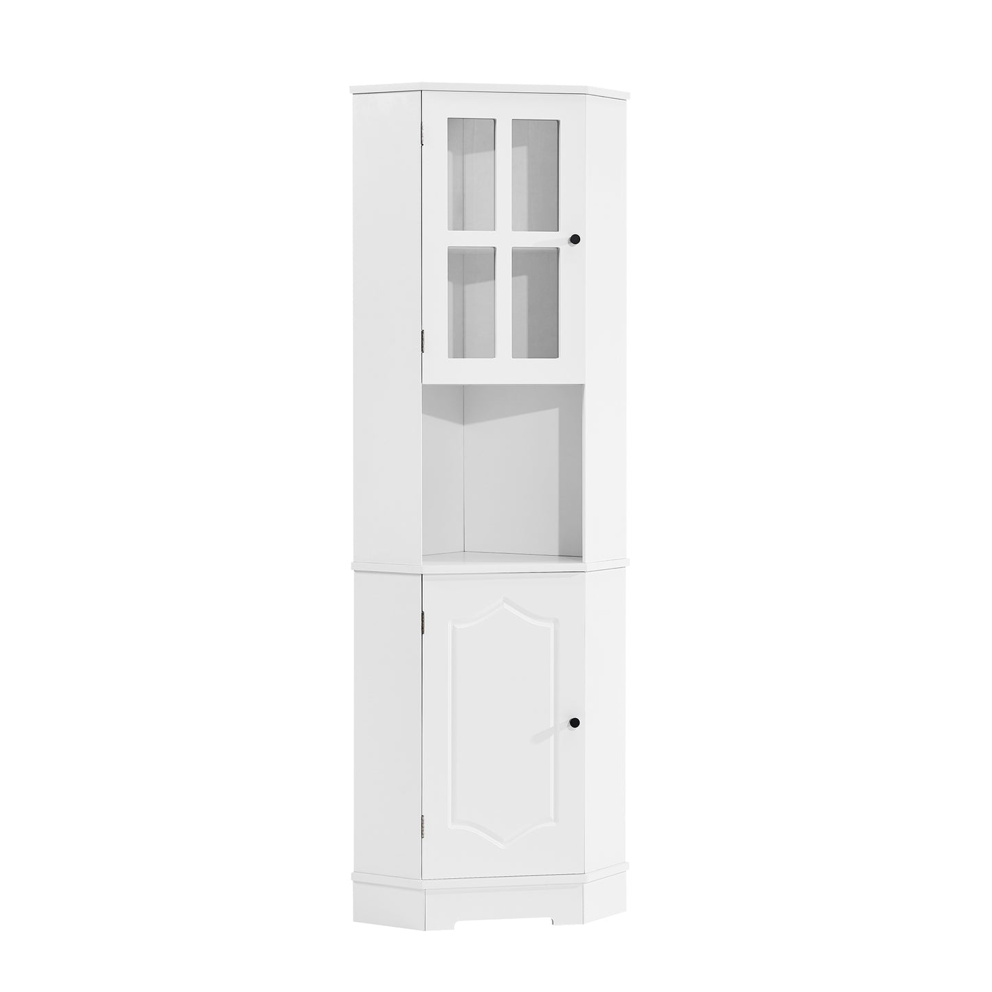 Tall Bathroom Storage Cabinet, Corner Cabinet with Glass Door, Open Storage, Adjustable Shelf, White