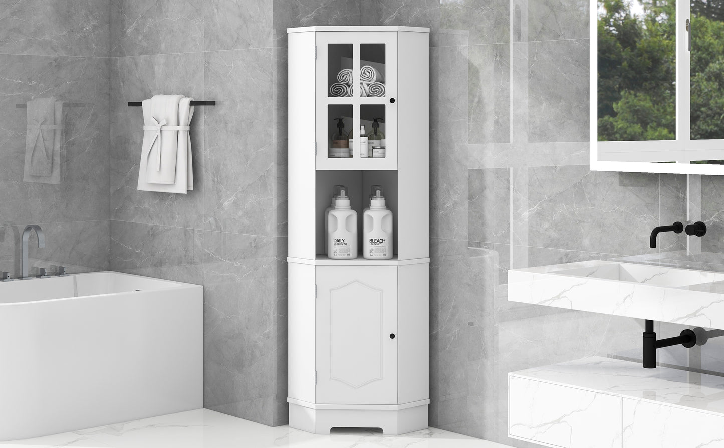 Tall Bathroom Storage Cabinet, Corner Cabinet with Glass Door, Open Storage, Adjustable Shelf, White