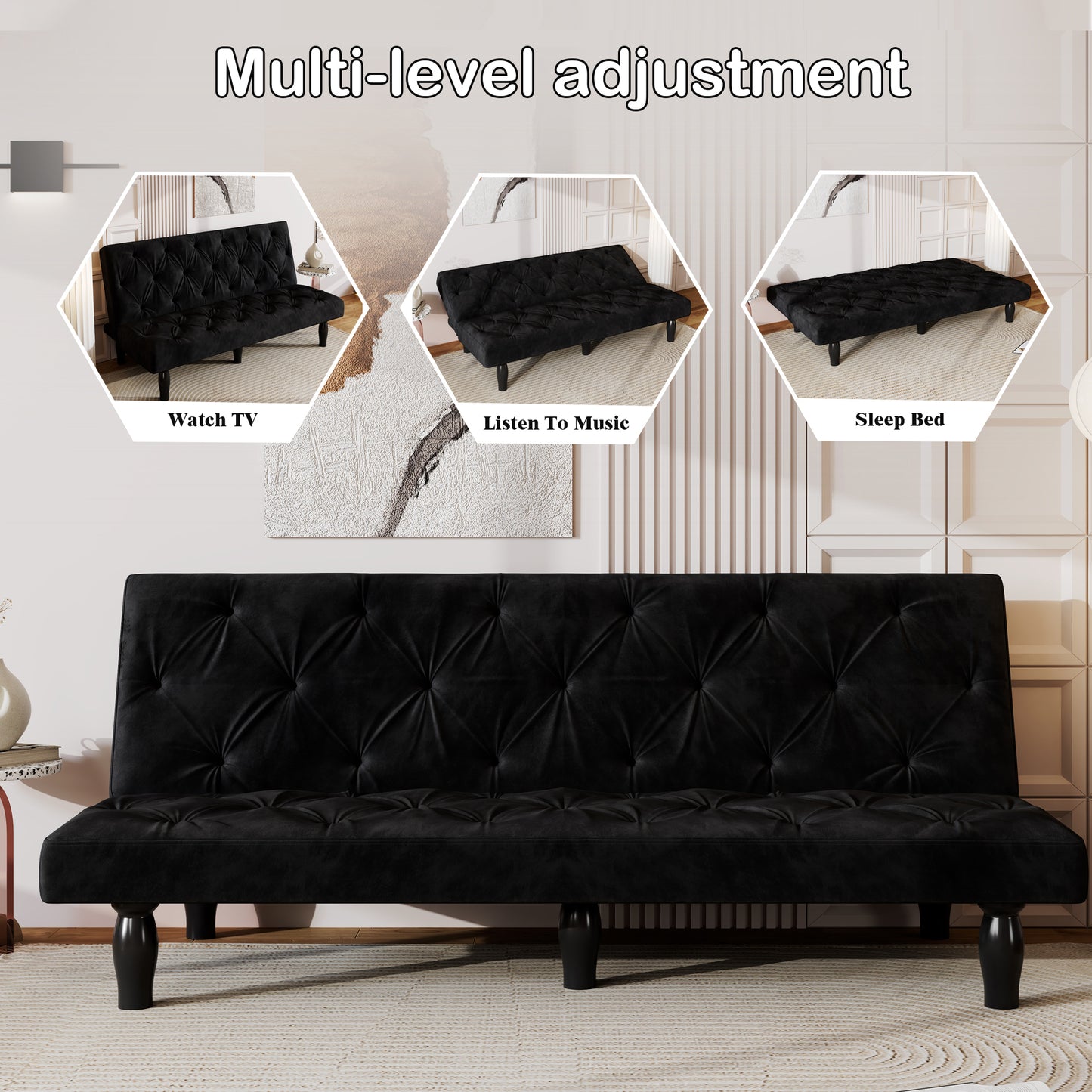 2534B Sofa converts into sofa bed 66" black velvet sofa bed suitable for family living room, apartment, bedroom