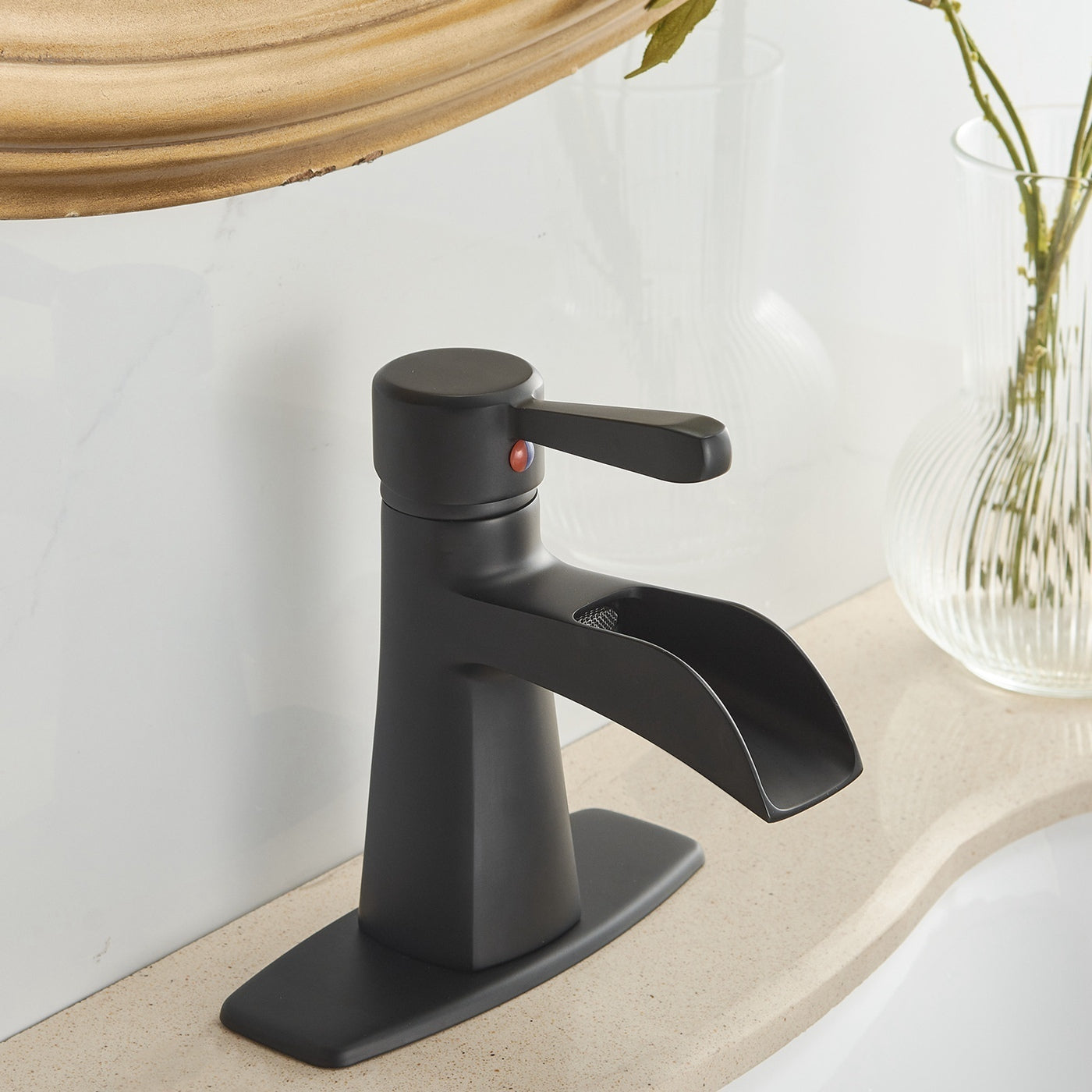 Waterfall Single Hole Single-Handle Low-Arc Bathroom Sink Faucet With Pop-up Drain Assembly In Matte Black