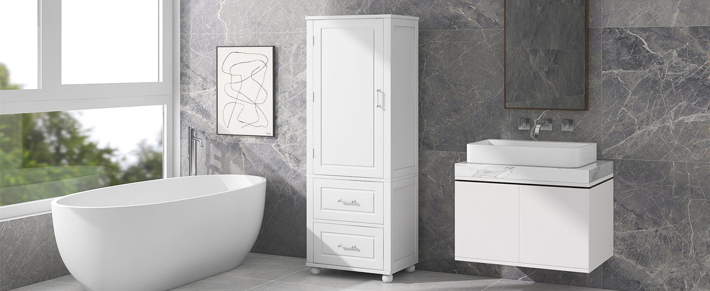 Tall Bathroom Storage Cabinet, Freestanding Storage Cabinet with Two Drawers and Adjustable Shelf, MDF Board with Painted Finish, White