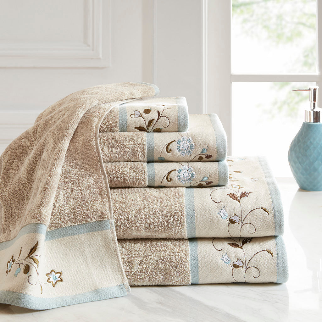 Embroidered Cotton Jacquard 6 Piece Towel Set