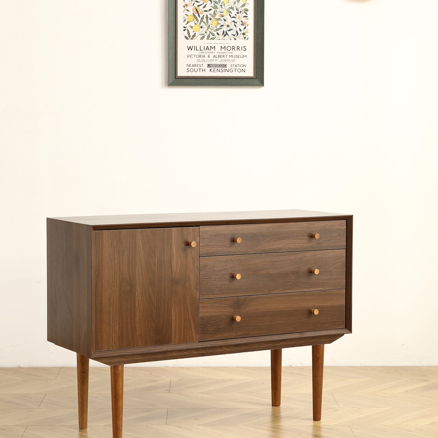 Modern Buffet Cabinet Sideboard with Walnut Finish, Solid Wood Legs - 43.3 Inch Stylish Design, One Door, Three Drawers, Smooth Metal Rails