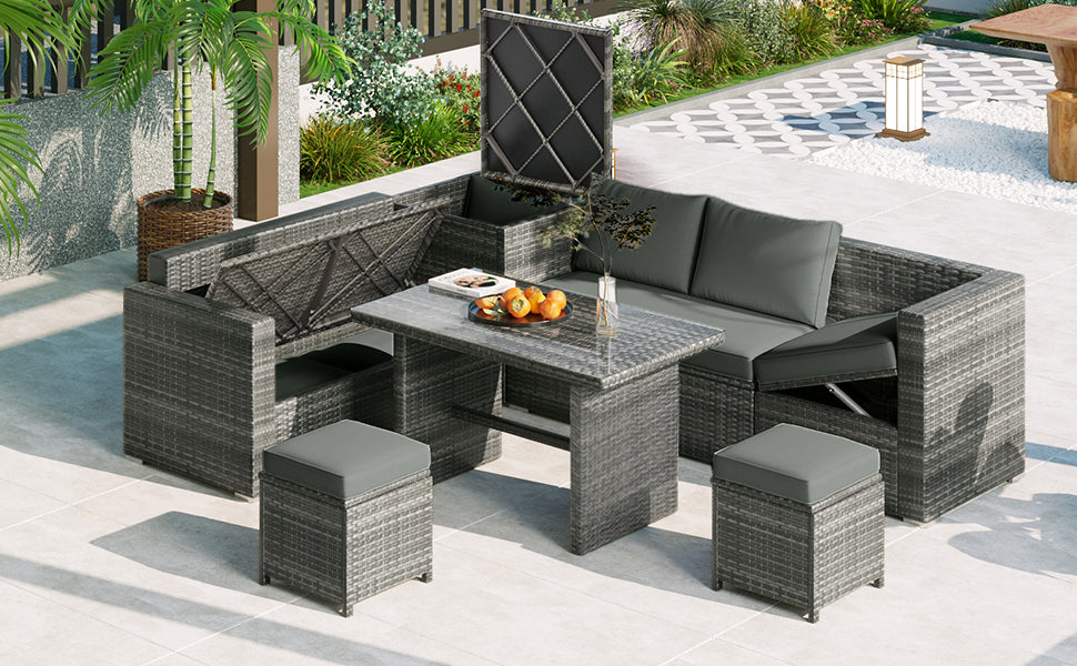 TOPMAX Outdoor 6-Piece All Weather PE Rattan Sofa Set, Garden Patio Wicker Sectional Furniture Set with Adjustable Seat, Storage Box, Removable Covers and Tempered Glass Top Table,Grey