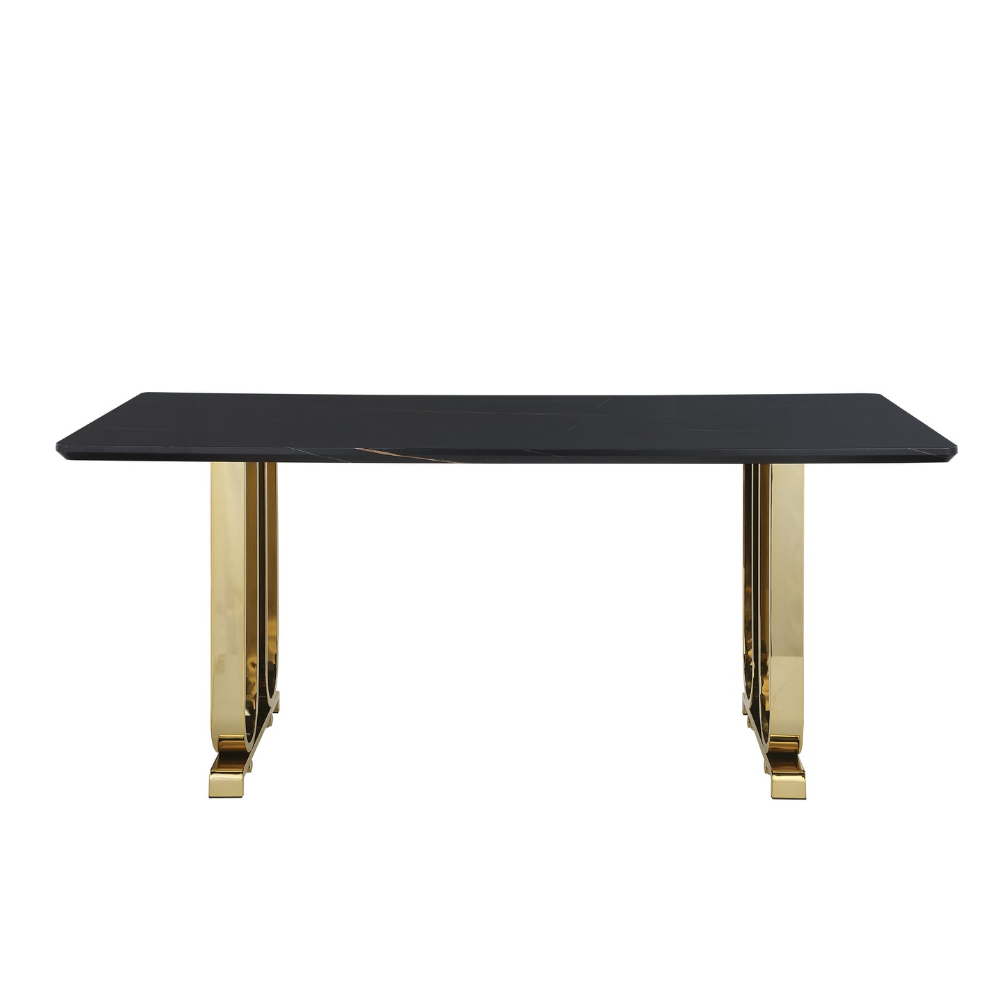 Contemporary Dining Table with Lauren Gold Black Top, Polished Gold Metal Base, 71" W x 35" D x 30" H, Black+Polished Gold