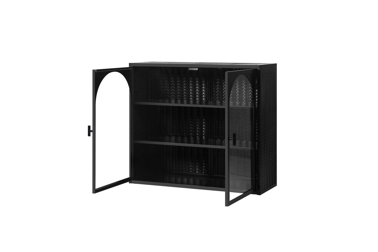 27.56"Glass Doors Modern Two-door Wall Cabinet with Featuring Three-tier Storage for Entryway Living Room Bathroom Dining Room,Wall Cabinet with Characteristic Woven Pattern,Black