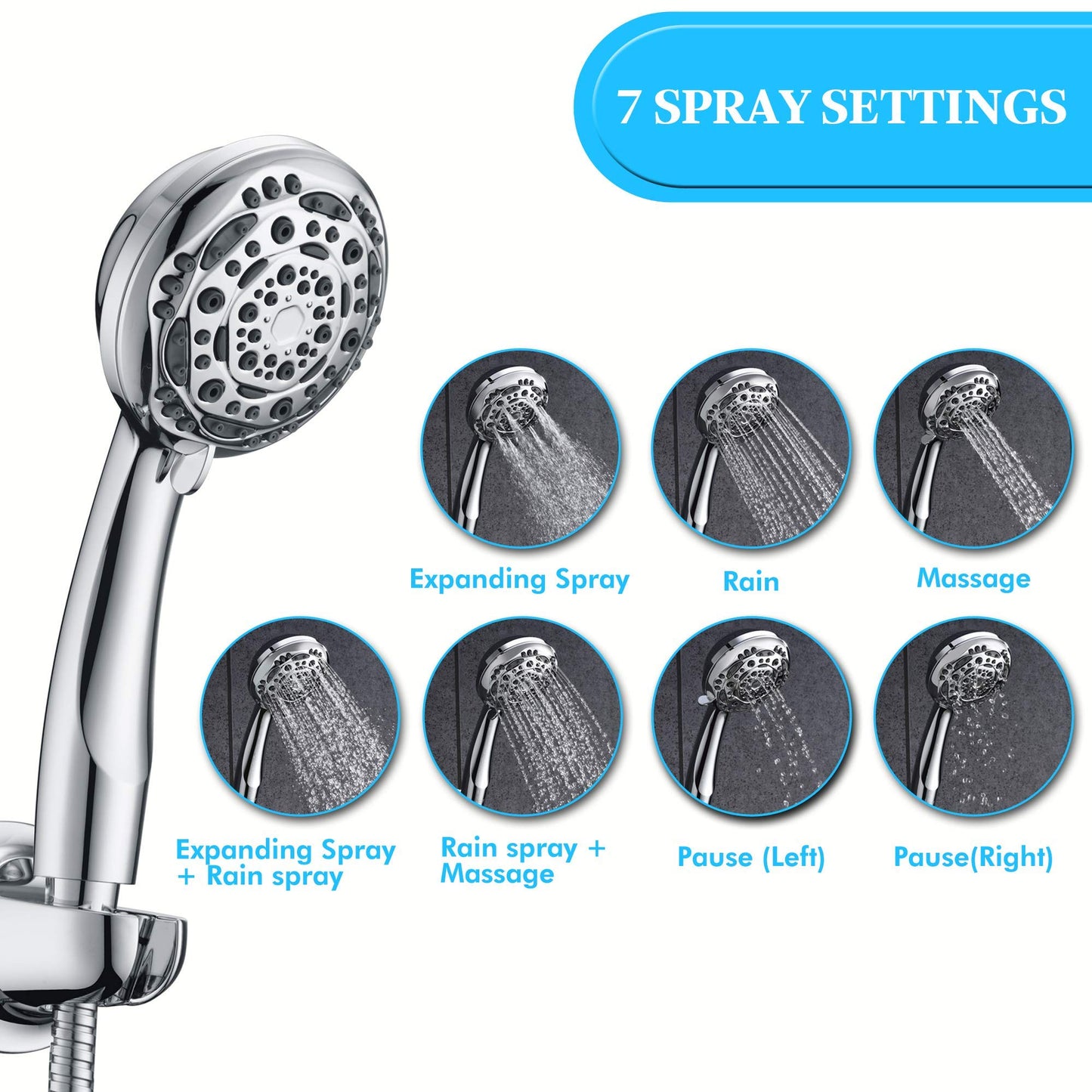 Rain Shower Head - High Pressure Handheld Showerhead & Rain Showerhead Combo with 7 Spray Setting, 2 in 1 Shower Head System Stainless Steel Extra Long Shower Hose, Chrome 1.8 GPM