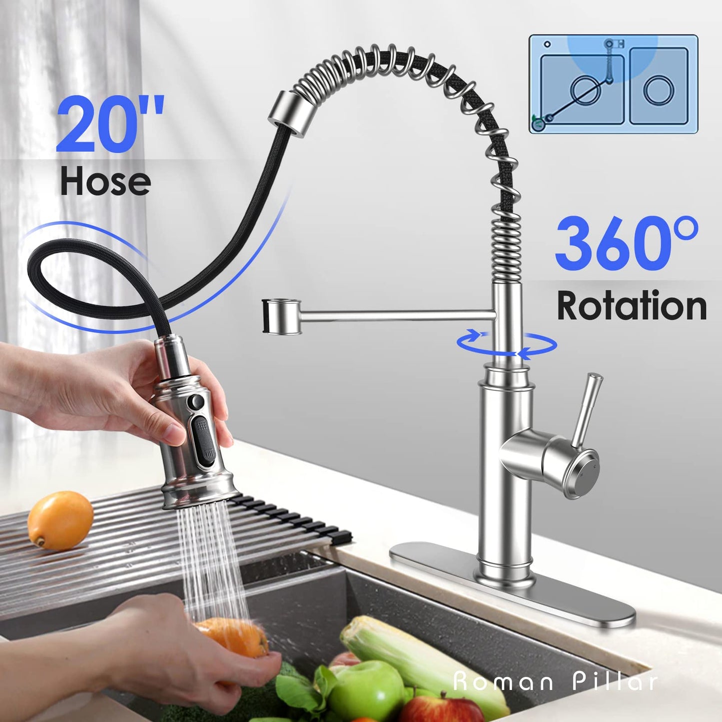 Kitchen Faucet - Spring Kitchen Sink Faucet with 3 Modes Pull Down Sprayer, Single Handle&Deck Plate for 1or3 Holes, 360° Rotation, Spot Resist Stainless Steel No Lead for RV Bar Home