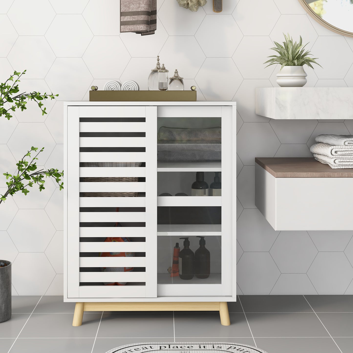 Asymmetric sliding door cabinet