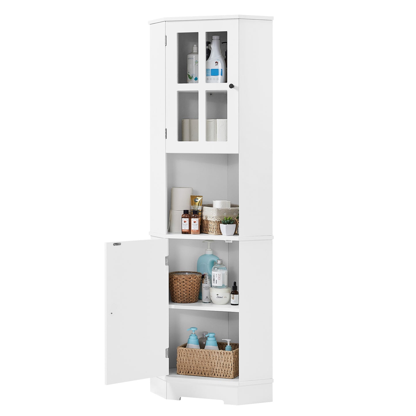 Tall Bathroom Storage Cabinet, Corner Cabinet with Glass Door, Open Storage, Adjustable Shelf, White