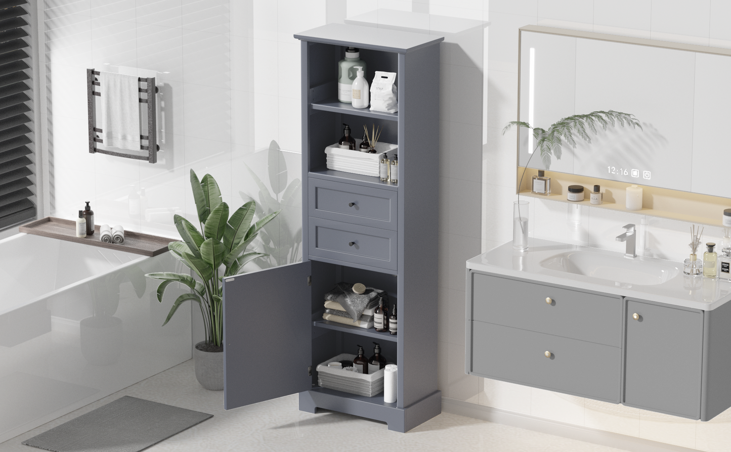 Bathroom Storage Cabinet, Tall Storage Cabinet with Two Drawers, Open Storage, Adjustable Shelf, Grey