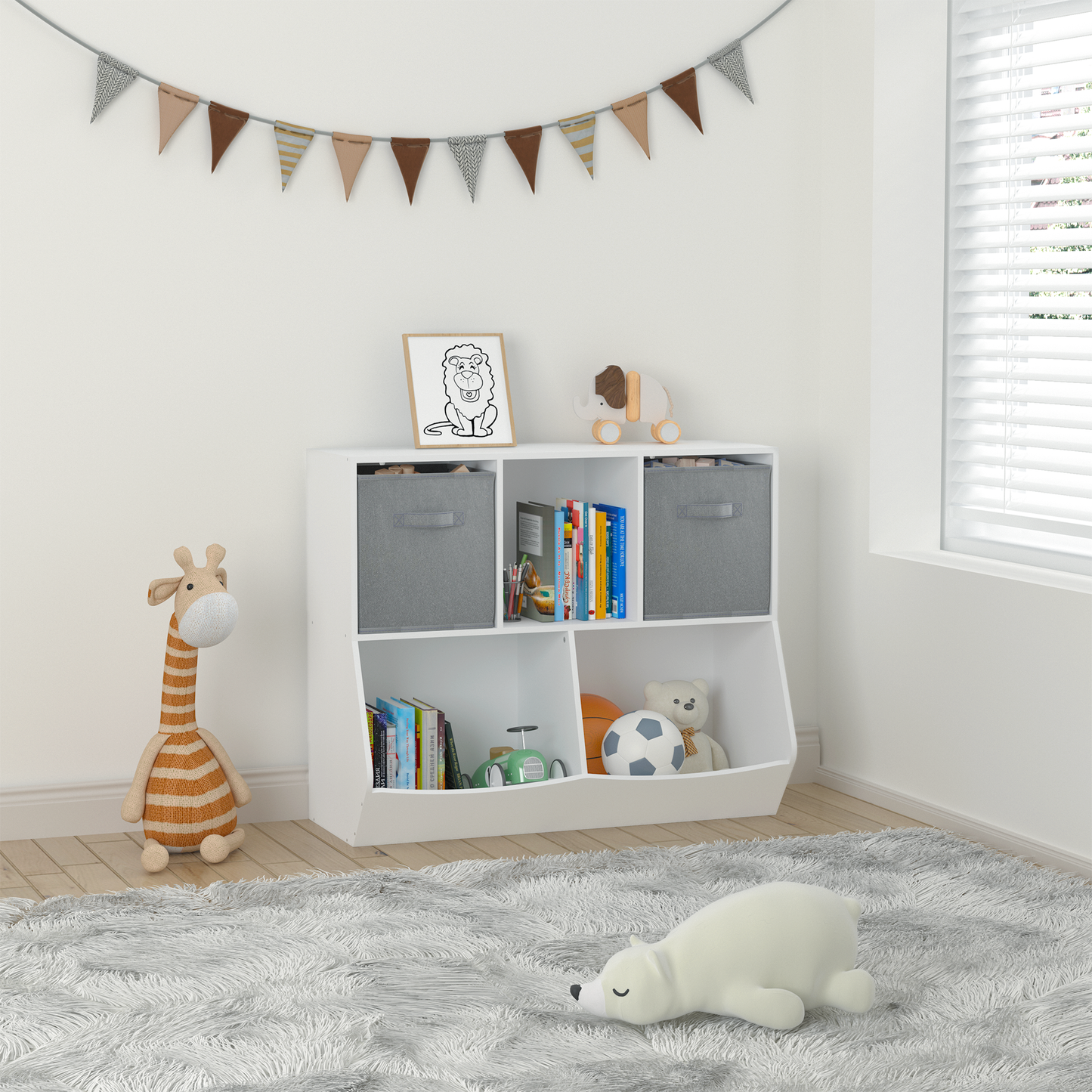 Kids Bookcase with Collapsible Fabric Drawers, Children's Toy Storage Cabinet for Playroom, Bedroom, Nursery, School, White/Gray