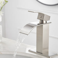 Waterfall Single Hole Single-Handle Low-Arc Bathroom Faucet With Pop-up Drain Assembly in Brushed Nickel