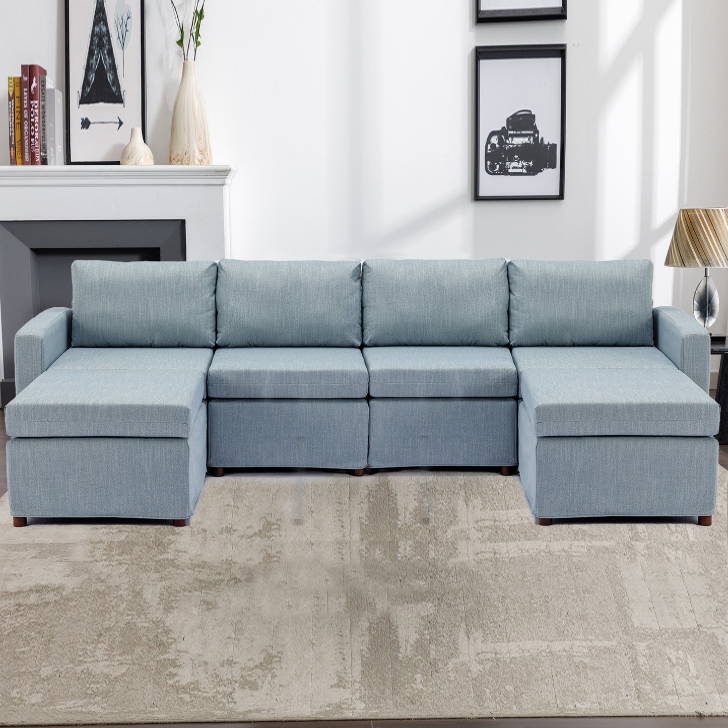 4 Seat Module Sectional Sofa Couch With 2 Ottoman,Seat Cushion and Back Cushion Removable and Washable,Light Blue