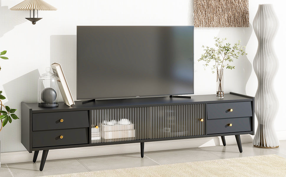 ON-TREND Contemporary TV Stand with Sliding Fluted Glass Doors, Slanted Drawers Media Console for TVs Up to 70", Chic Elegant TV Cabinet with Golden Metal Handles , Black