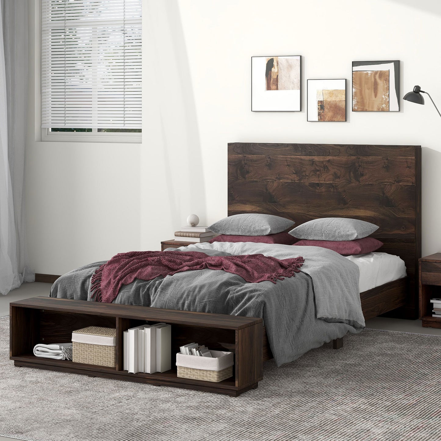 Queen Size Wood Platform Bed with Storage Bench in Walnut