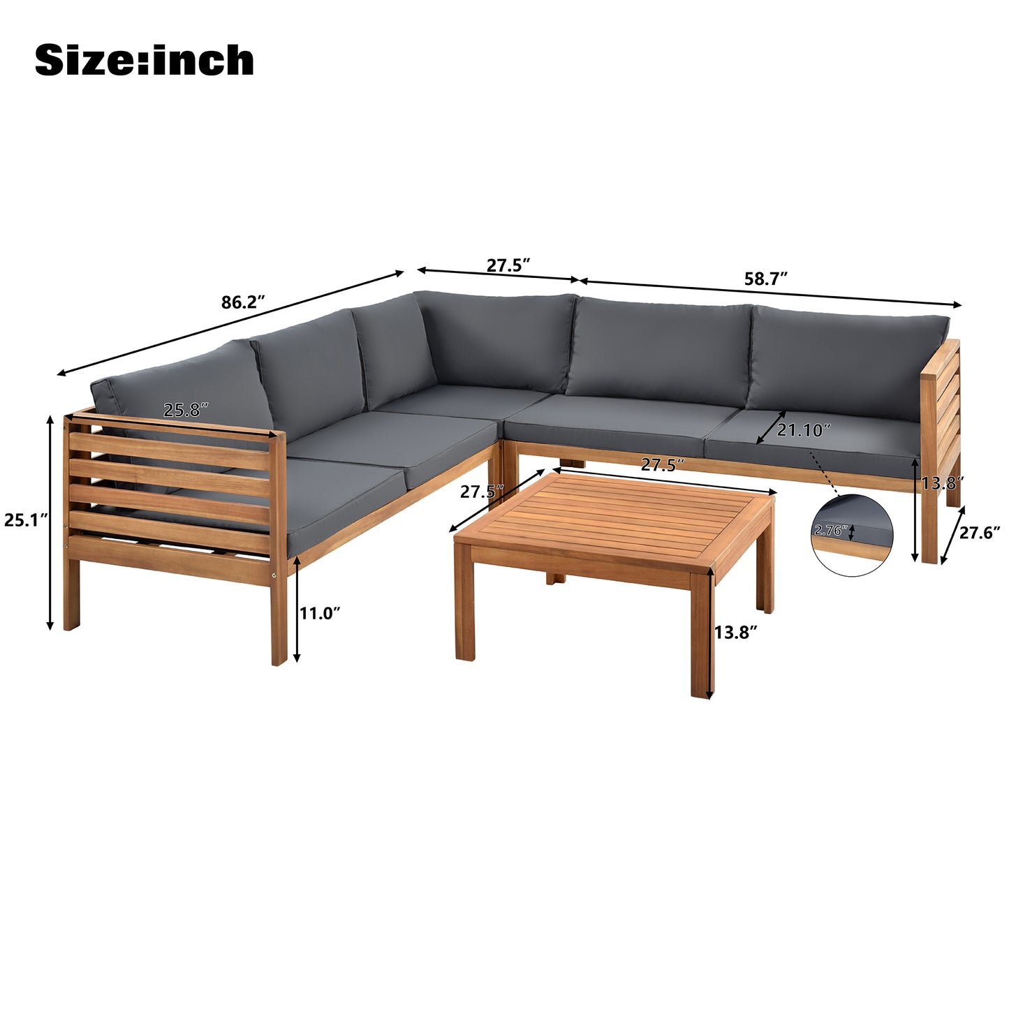 GO Wood Structure Outdoor Sofa Set with gray Cushions Exotic design Water-resistant and UV Protected texture Two-person Sofa One Corner Sofa plus One Coffee Table Strong Metal Accessories