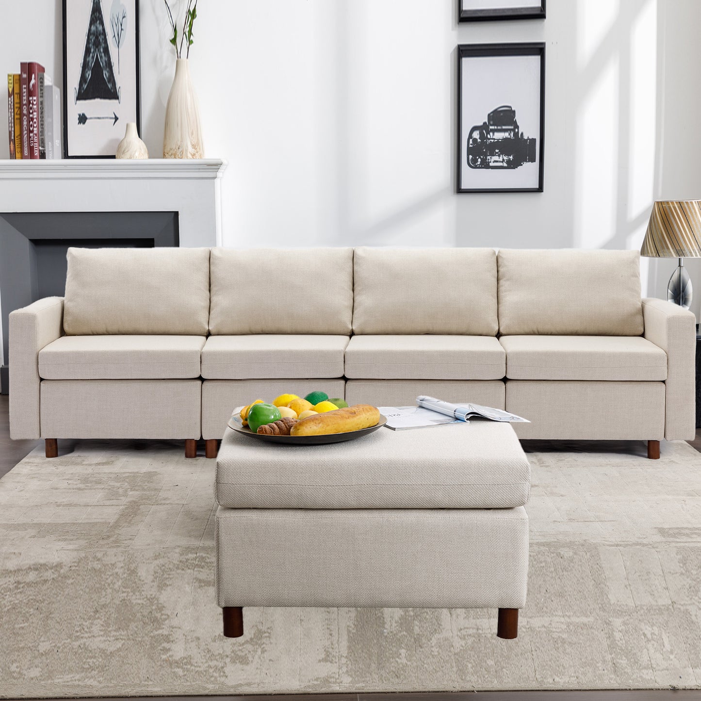 4 Seat Module Sectional Sofa Couch With 1 Ottoman for living room,Seat Cushion and Back Cushion Non-Removable and Non-Washable,Cream