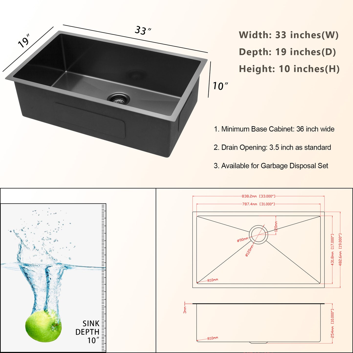 33" Gunmetal Black Kitchen Sink - 33"x 19"x 10" Undermount Singel Bowl Kitchen basin 16 Gauge Stainless Steel with 10 Inch Deep