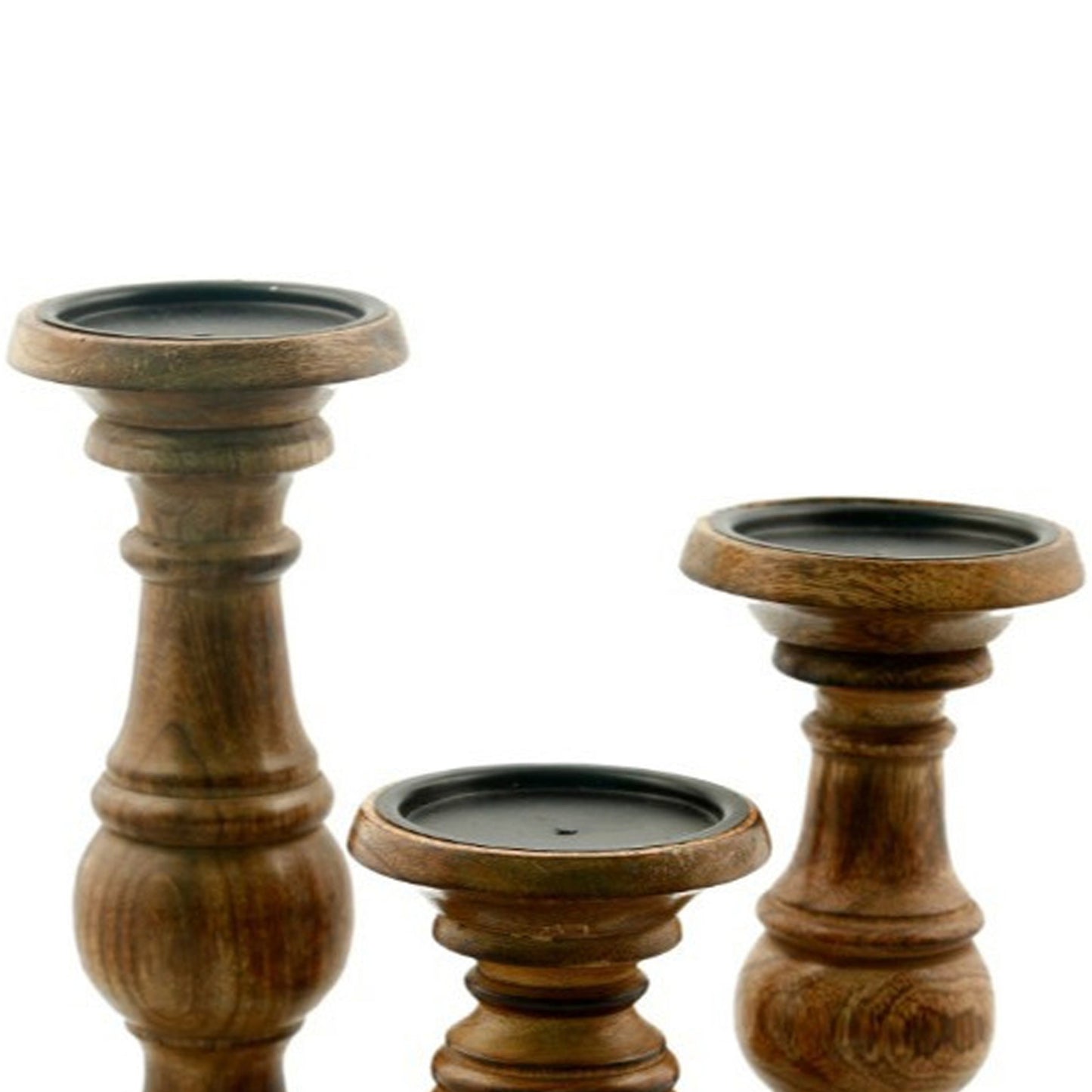 Pillar Shaped Wooden Candle Holder, Set of 3, Brown