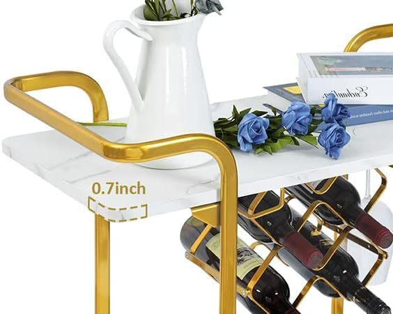 Deluxe Gold Bar Cart, with Glass Holders and Wine Racks, Modern Marbled Solid Wood Cart on Silent Wheels, 2-Tier Premium Texture Bar Cart for Kitchen and Dining Room Outdoor