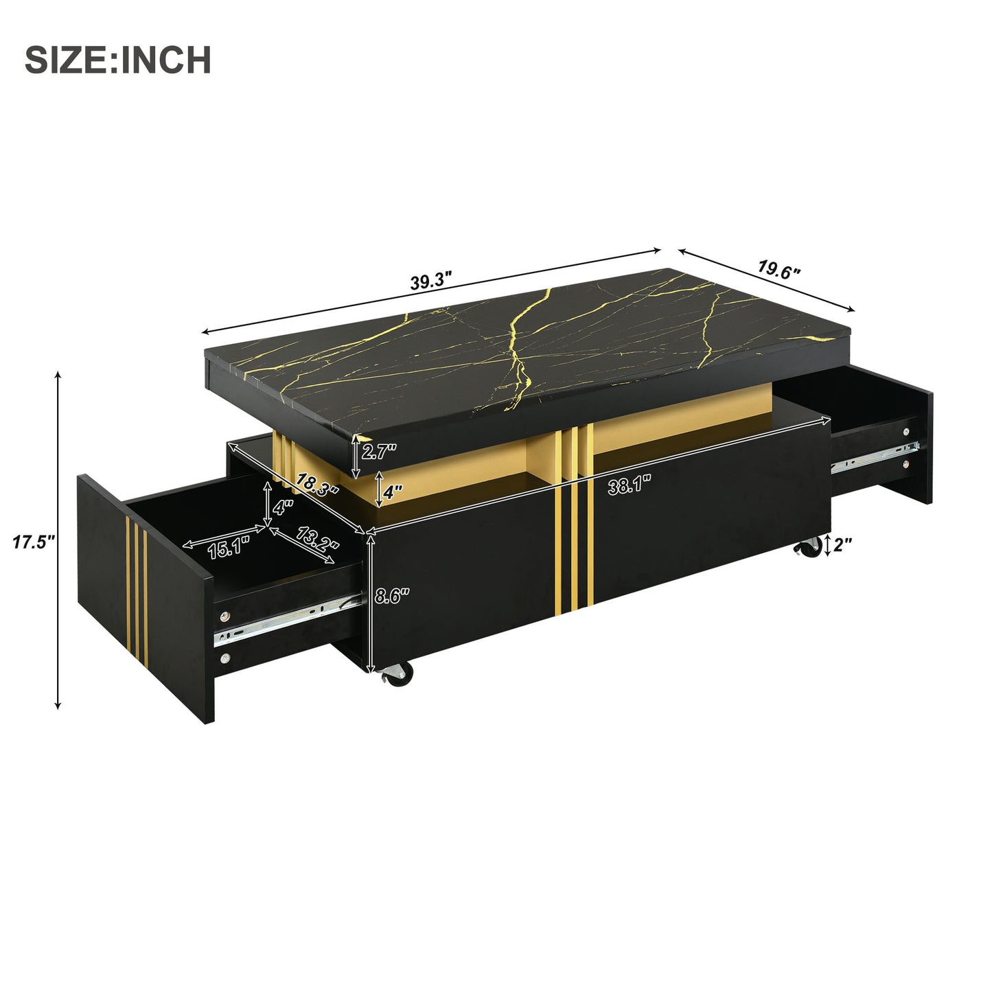 ON-TREND Contemporary Coffee Table with Faux Marble Top, Rectangle Cocktail Table with Caster Wheels, Moderate Luxury Center Table with Gold Metal Bars for Living Room, Black