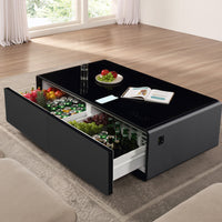 Modern Smart Coffee Table with Built-in Fridge, Bluetooth Speaker, Wireless Charging Module, Touch Control Panel, Power Socket, USB Interface, Outlet Protection, Atmosphere light, Black