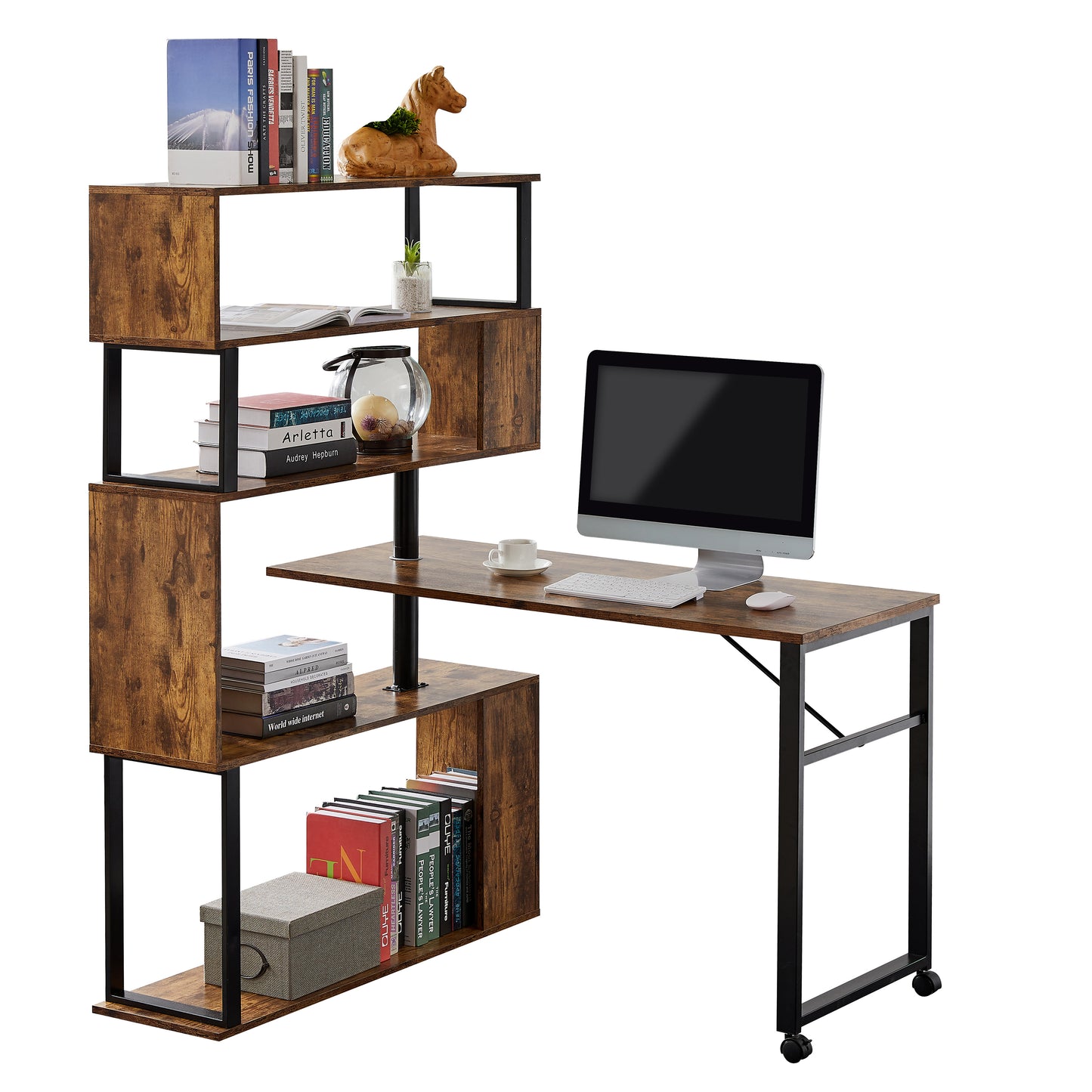 Home Office Computer Desk L-Shaped Corner Table, Rotating Computer Table with 5-Tier Bookshelf, Four Installation Methods, Lockable Casters (Tiger)