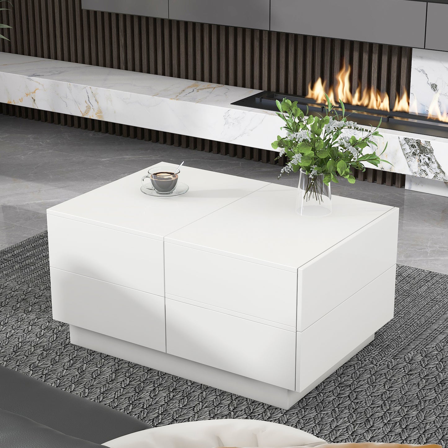 ON-TREND Extendable Coffee Table with 4 Drawers, Rectangle Cocktail Table with Hidden Storage Compartment, UV High-gloss Center Table with Sliding Top for Living Room, 35.4"x 23.6", White