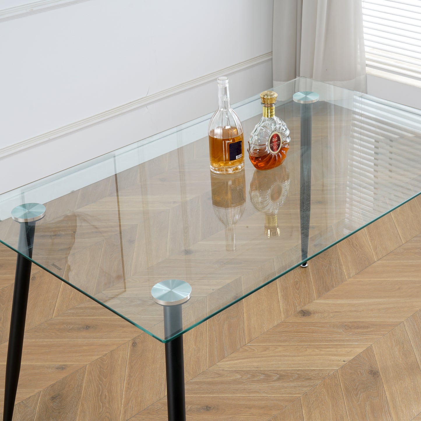 Modern Kitchen Glass dining table 51" Rectangular  Tempered Glass Table top,Clear Dining Table Metal Legs, Black legs