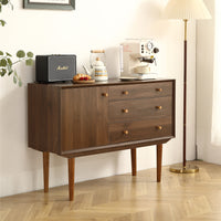 Modern Buffet Cabinet Sideboard with Walnut Finish, Solid Wood Legs - 43.3 Inch Stylish Design, One Door, Three Drawers, Smooth Metal Rails