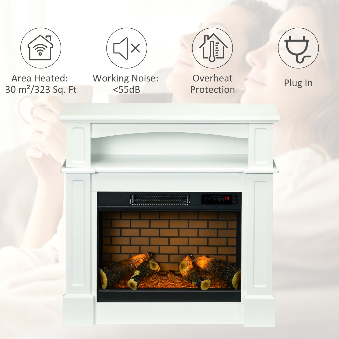 HOMCOM 32" Electric Fireplace with Mantel, Freestanding Heater with LED Log Flame, Shelf and Remote Control, 700W/1400W, White