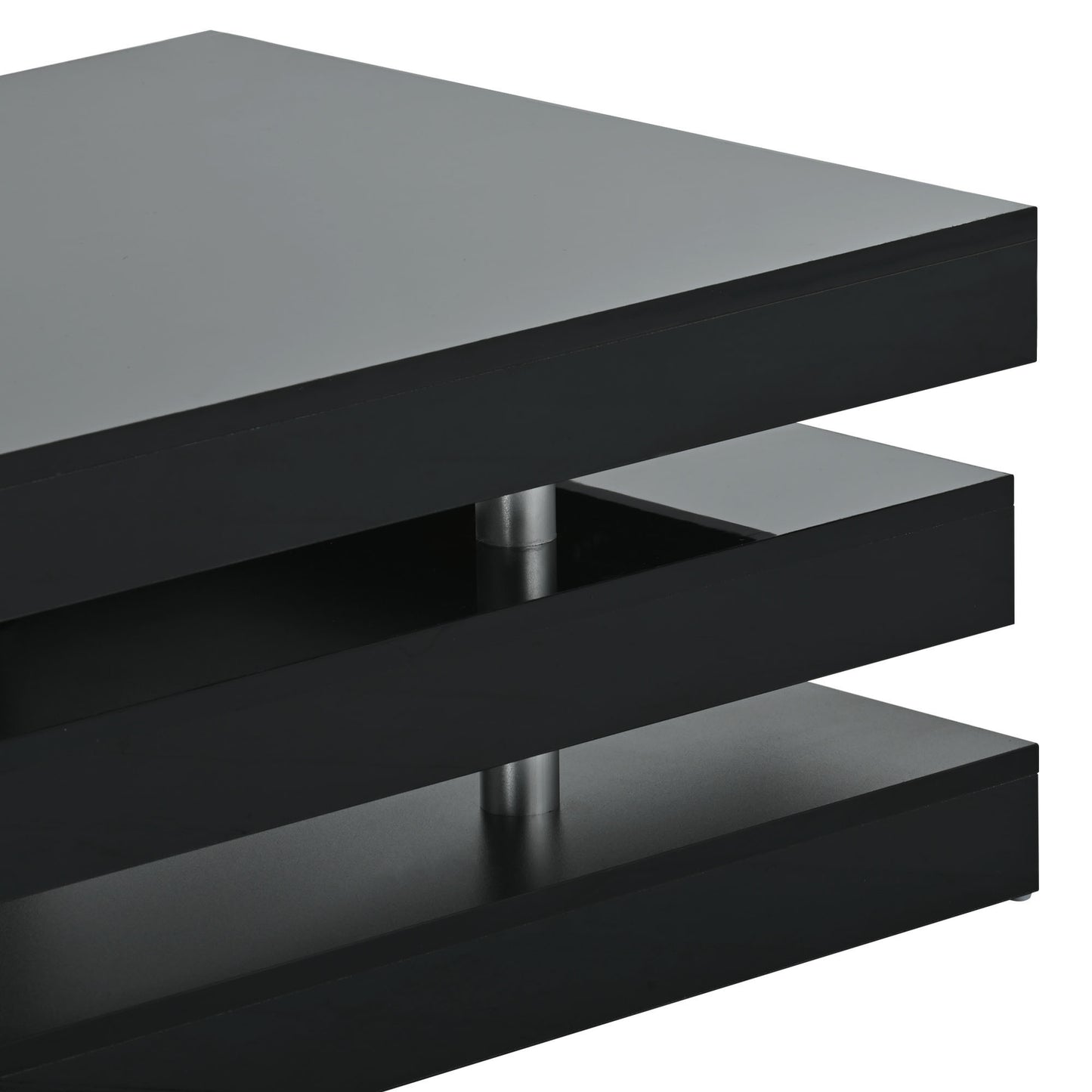 ON-TREND Modern 2-Tier Coffee Table with Silver Metal Legs, Rectangle Cocktail Table with High-gloss UV Surface, Minimalist Design Center Table for Living Room, Black