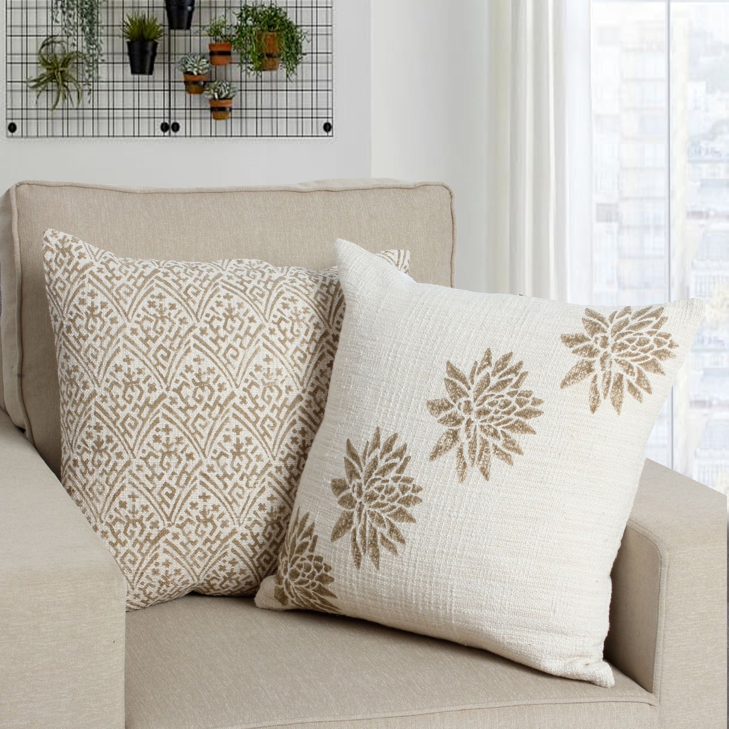 18 x 18 Square Cotton Accent Throw Pillow, Floral and Block Print Patterns, Set of 2, Gold, Off White