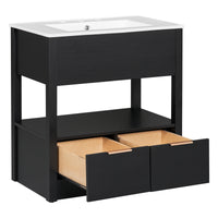 30" Bathroom Vanity with Sink Top, Bathroom Cabinet with Open Storage Shelf and Two Drawers, One Package, Black