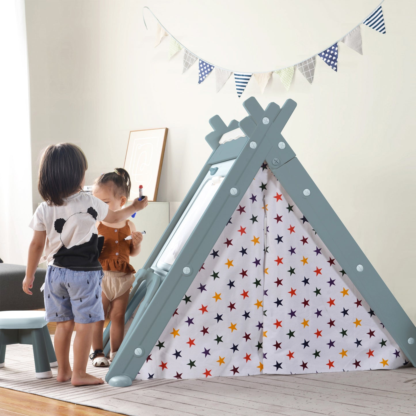 Kids Play Tent - 4 in 1 Teepee Tent with Stool and Climber, Foldable Playhouse Tent for Boys & Girls