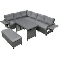 TOMAX 5-Piece Outdoor Patio Rattan Sofa Set, Sectional PE Wicker L-Shaped Garden Furniture Set with 2 Extendable Side Tables, Dining Table and Washable Covers for Backyard, Poolside, Indoor, Gray