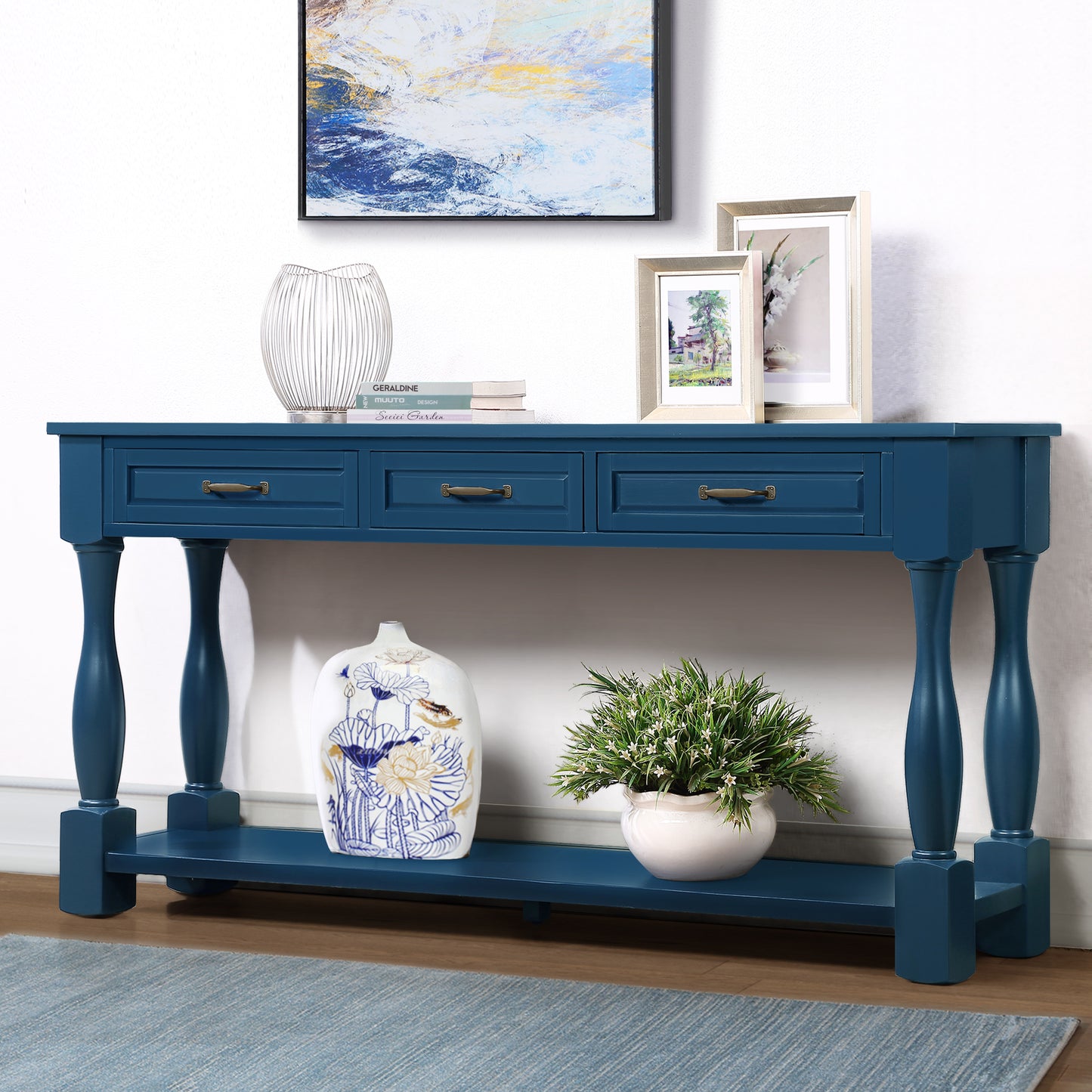 63inch Long Wood Console Table with 3 Drawers and 1 Bottom Shelf for Entryway Hallway Easy Assembly Extra-thick Sofa Table( Navy Blue)