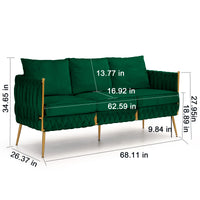 3 Piece Modern Velvet Upholstered Living Room Set with 3-Seater Sofa and 2 Loveseats, Handmade Woven Tufted Back and Arms, Golden Metal Legs, Green Velvet