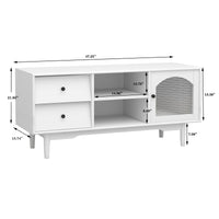 Living Room White TV Stand with Drawers and Open Shelves, A Cabinet with Glass Doors for Storage